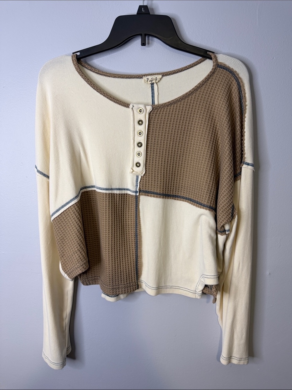 POL Two-Tone Cream & Brown Waffle Henley Top